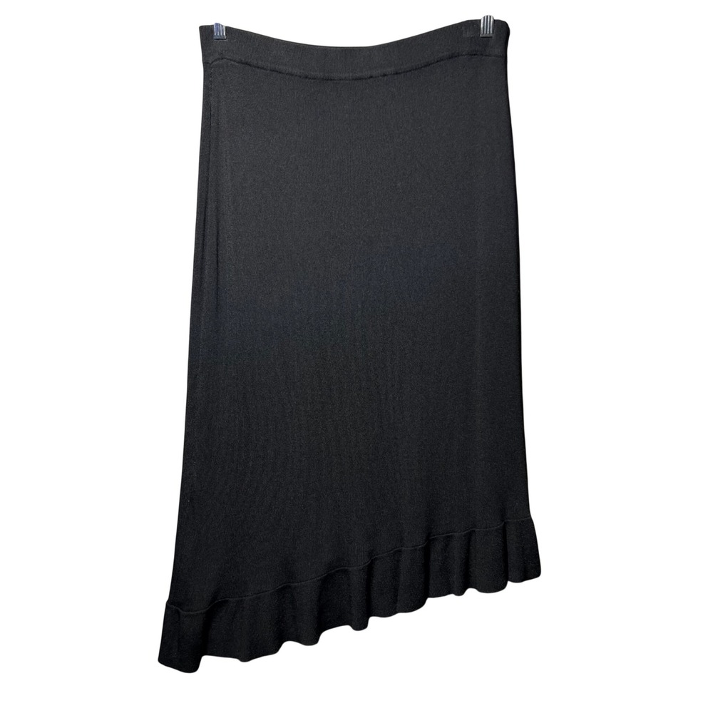 Gardy Black Asymmetrical Ruffle Hem Knit Midi Skirt Size L Rayon Nylon‎ Blend